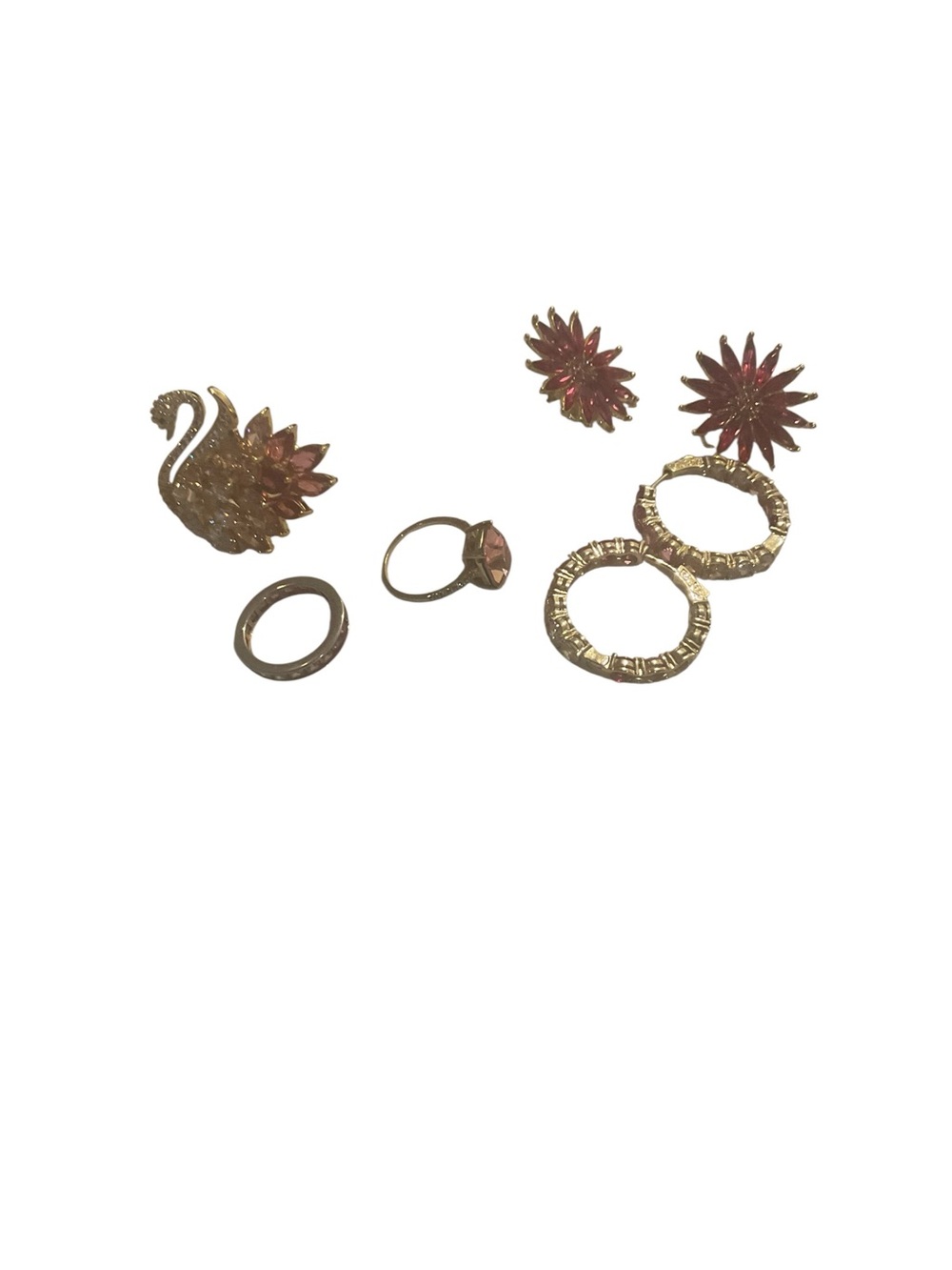 Source Unknown Gold-Tone Ring and Earring Set with Pink Accents